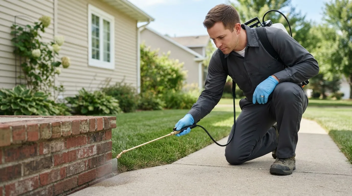 Pest control technician treating a home near Hitchcock, SD